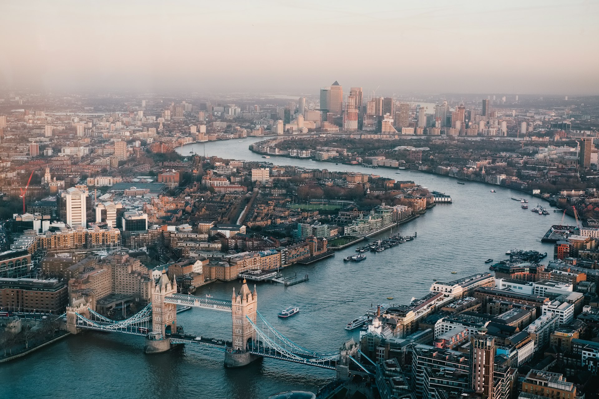 London riverside property development at dusk